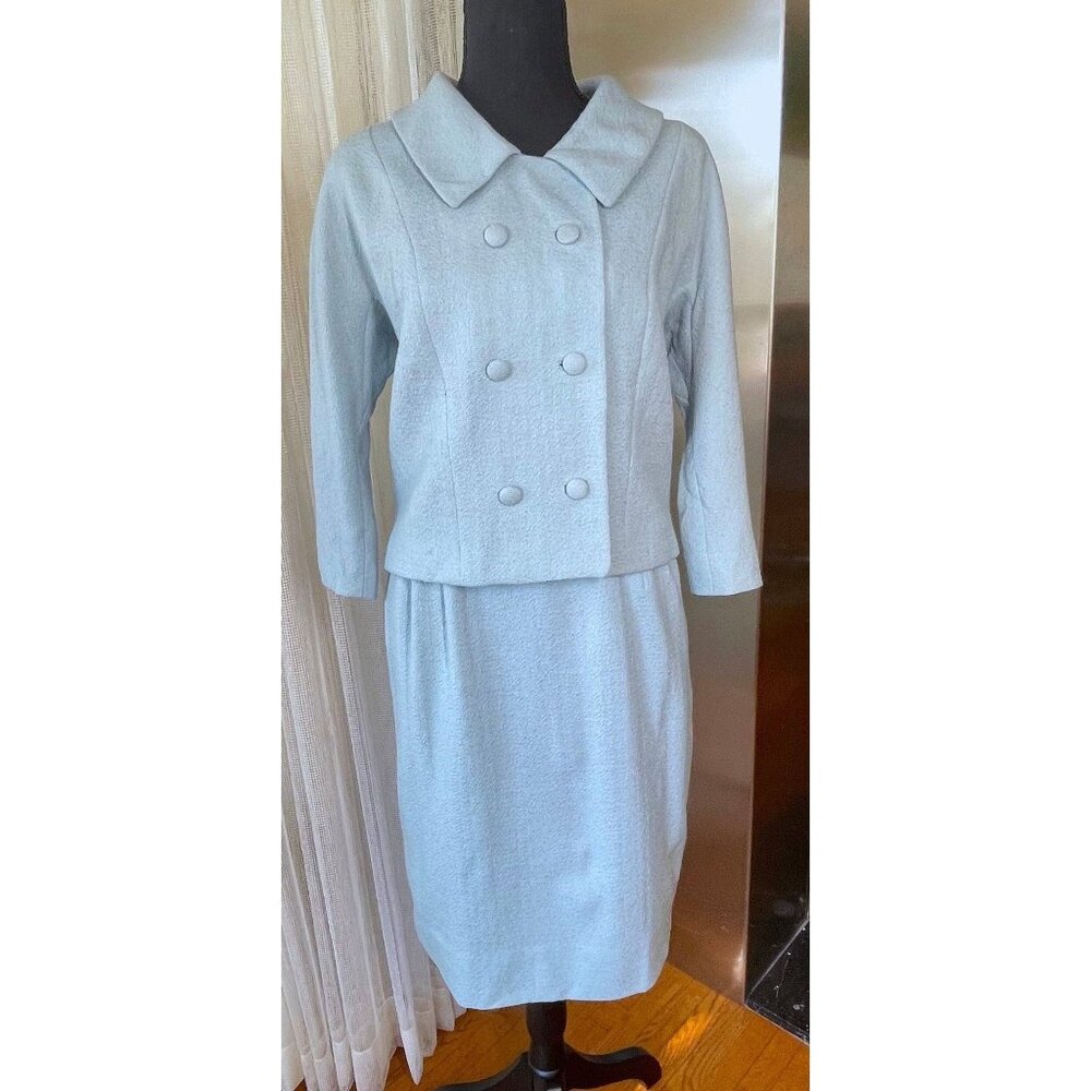 Vintage 1960s two pieces set, light blue woven jacket & straight skirt, AlJean